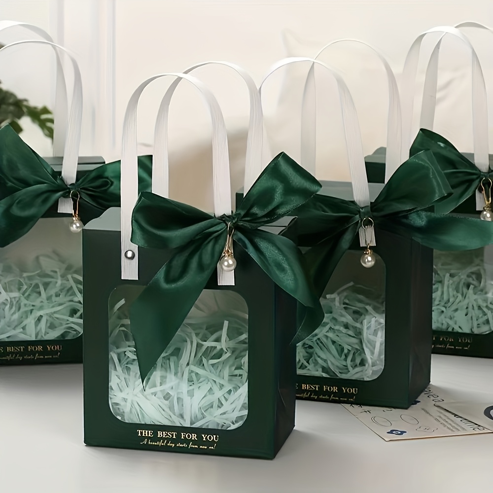 Windowed Gift Bags with Ribbons and Pearl Additions, Foldable